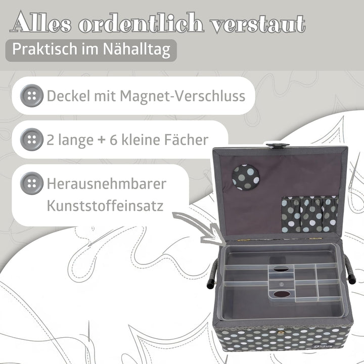 SEMPLIX Nähkorb Grösse L, Polka Dots Anthrazit/Grau (30,5x22,5x19cm), Nähkästchen im frechen Punkted