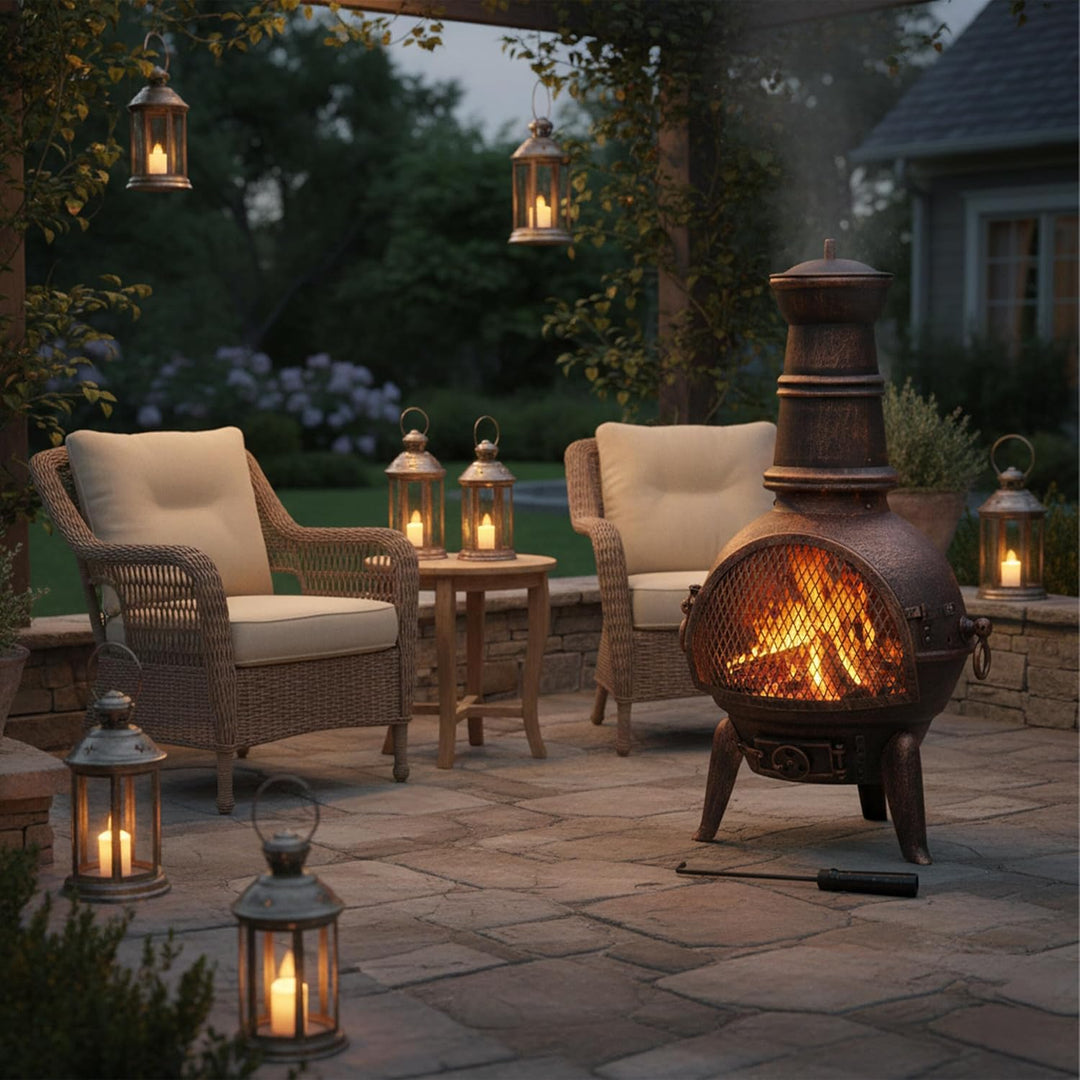 Relaxdays Terrassenofen, Aztekenofen mit Schürhaken, Gusseisen, Funkenschutz, für Garten, HxBxT: 86x