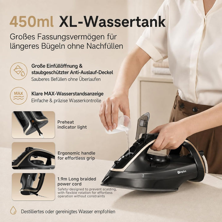 SIMPLUS Dampfbügeleisen 2200 W, Bügeleisen mit starkem Dampfstoss, 25 Sek. Aufheizzeit, 450 ml Wasse