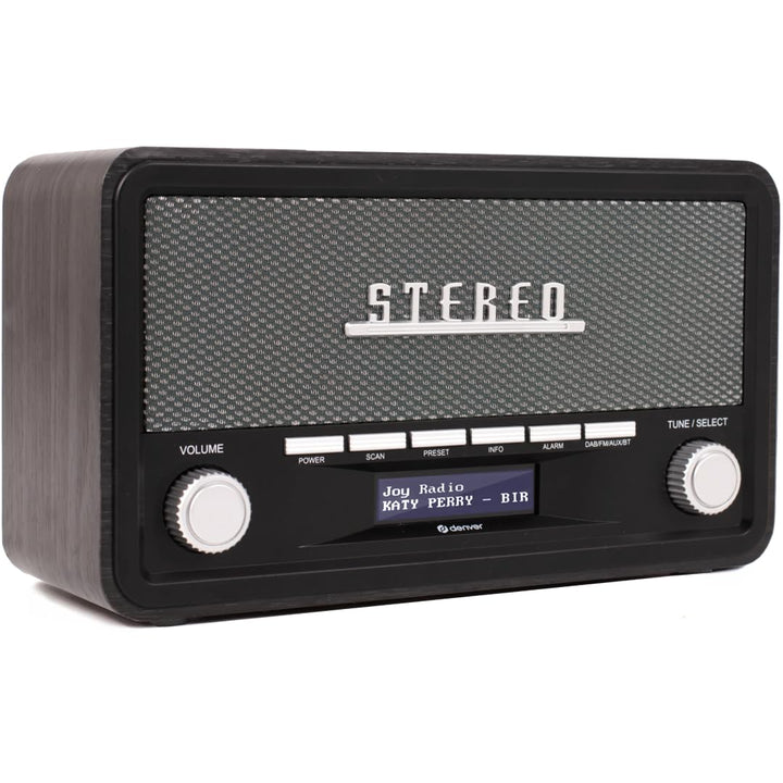 Denver DAB Radio DAB18, Radio mit Bluetooth, Retro Radio aus Holz, FM Radio, DAB, DAB+, AUX, Batteri