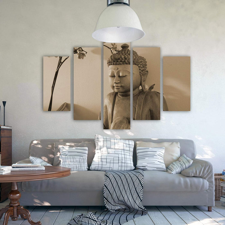 Wandbild XXL 5 Teilig Buddha Leinwandbild Figur Blumen Zen Spa Sepia 300x140 cm Leinwandbild 300x140