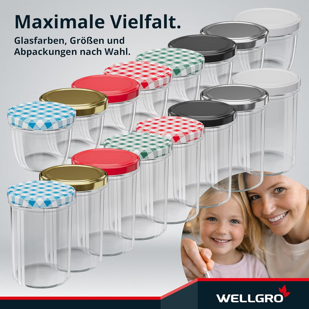 WELLGRO 50x Einmachgläser 230ml – Schraubdeckel TO82 rot kariert – Made in Germany – Vorratsgläser,