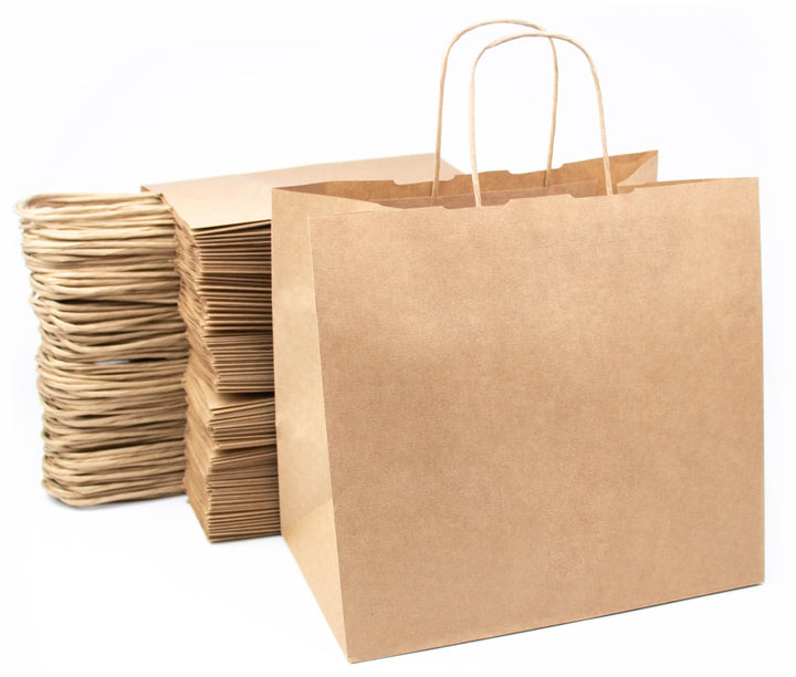 200 braune Einkaufstaschen aus Kraftpapier mit Griffen – 26 x 17 x 24 cm Einkaufstasche/Geschenkverp