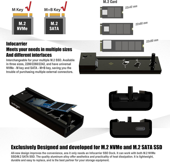 Archgon MSD-3100-1 Externes SSD Dock NVMe(PCIe)/SATA, Kompatibel mit M.2 2242/2260/2280 SSD, USB 3.2