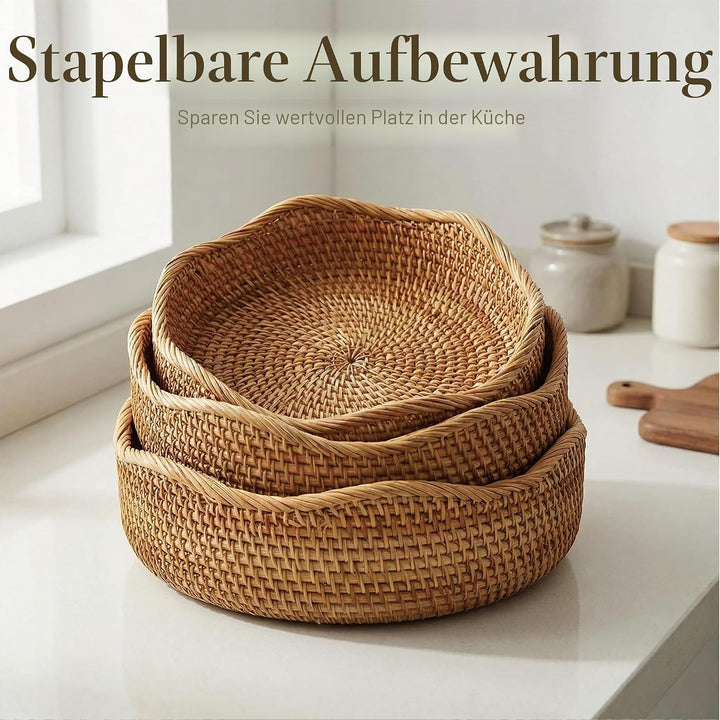 Rattan Aufbewahrungskörbe rund, handgeflochtene Körbchen aus natürlichem Rattan, Obstkorb und Dekoko