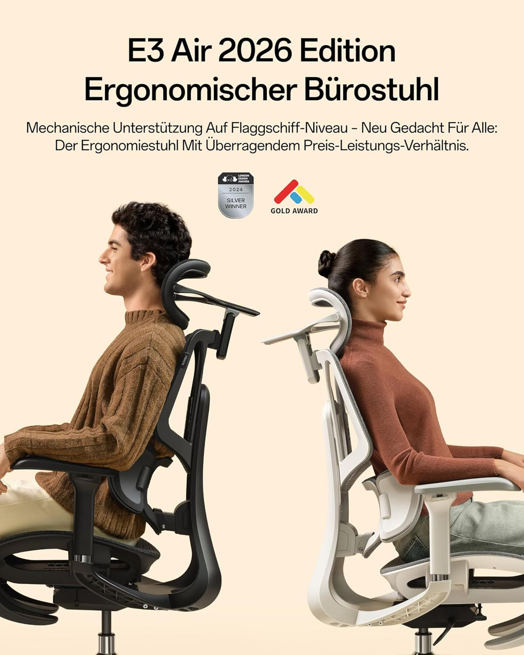 Hbada E3 Air 2026 Edition Ergonomischer Bürostuhl, 3-Zonen-Lordosenstütze, Comfy Home Office Chair m