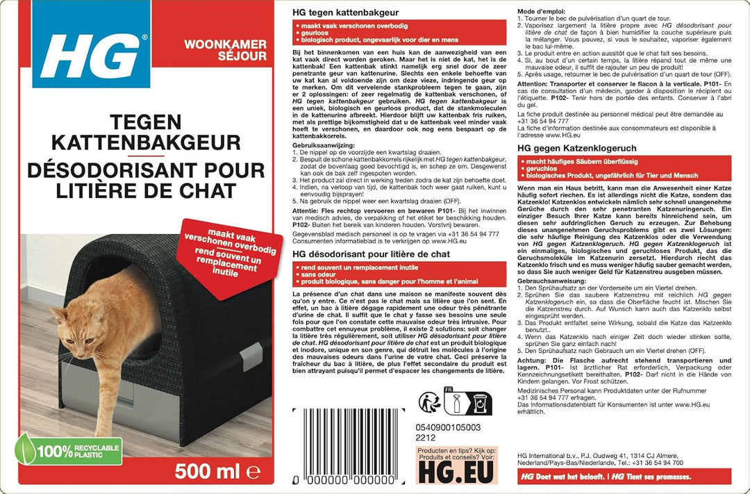 HG Désodorisant Pour litière de Chat 500 ml