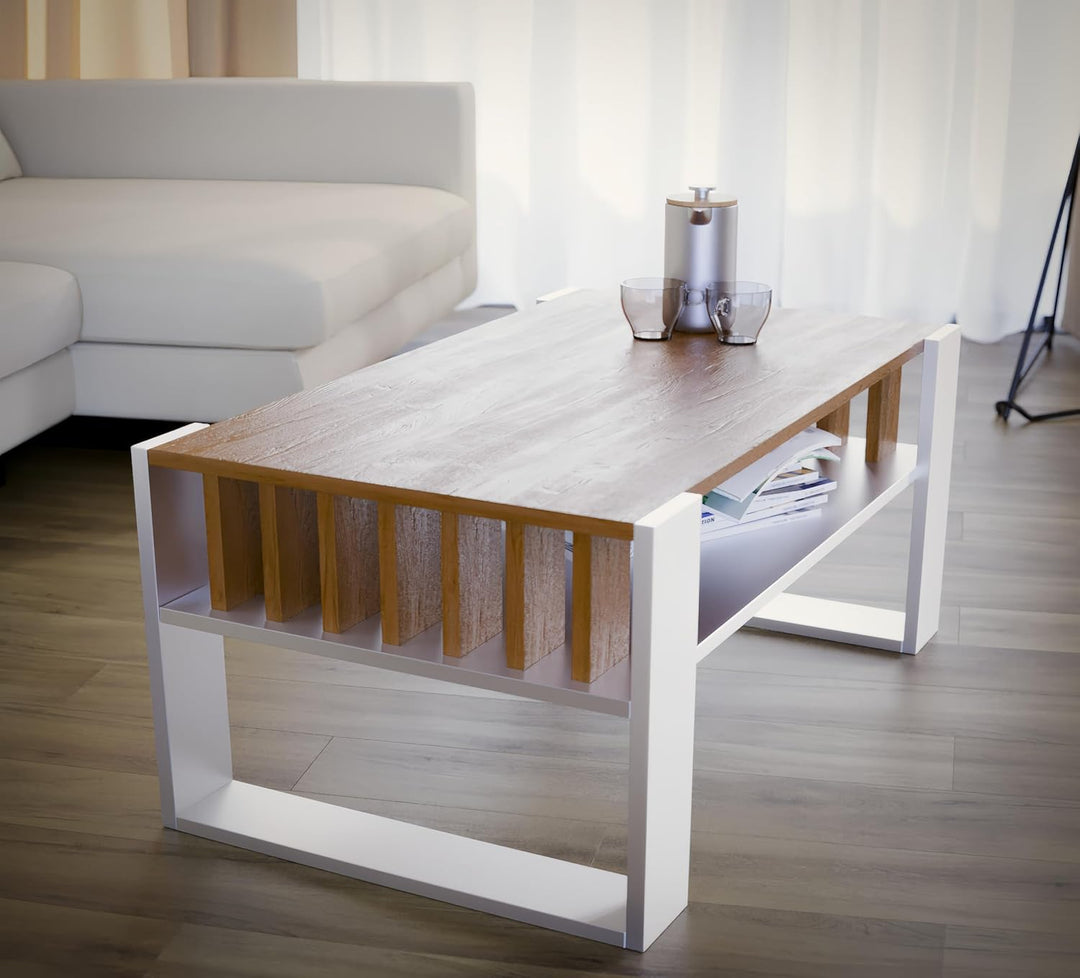 defiPad Couchtisch Eiche Weiss im Lamellendesign mit Stauraum, 92x50 cm Weiss + Eiche, Weiss + Eiche