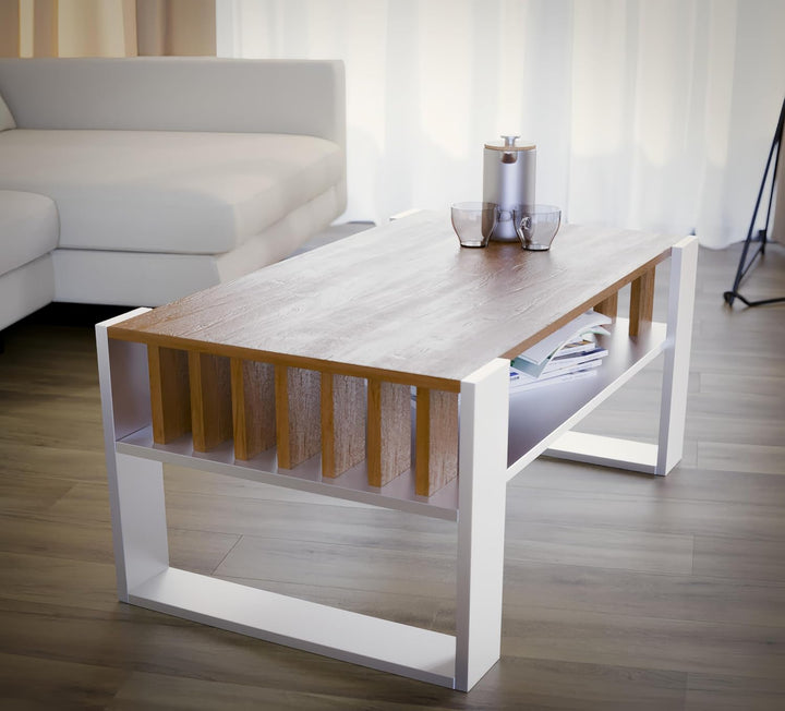 defiPad Couchtisch Eiche Weiss im Lamellendesign mit Stauraum, 92x50 cm Weiss + Eiche, Weiss + Eiche