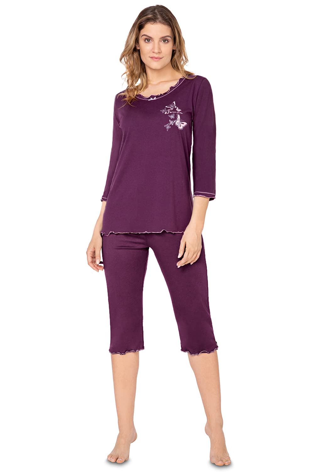 e.Femme® Damen Schlafanzug 259 aus Baumwolle und Modal 50 Aubergine, 50 Aubergine