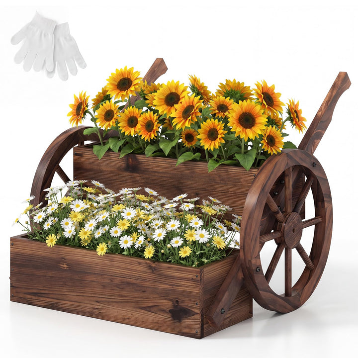COSTWAY Blumenwagen Holz, Blumenständer mit 2 Rädern &amp; Griffen &amp; Drainagelöchern, Pflanzwagen, 2-stu