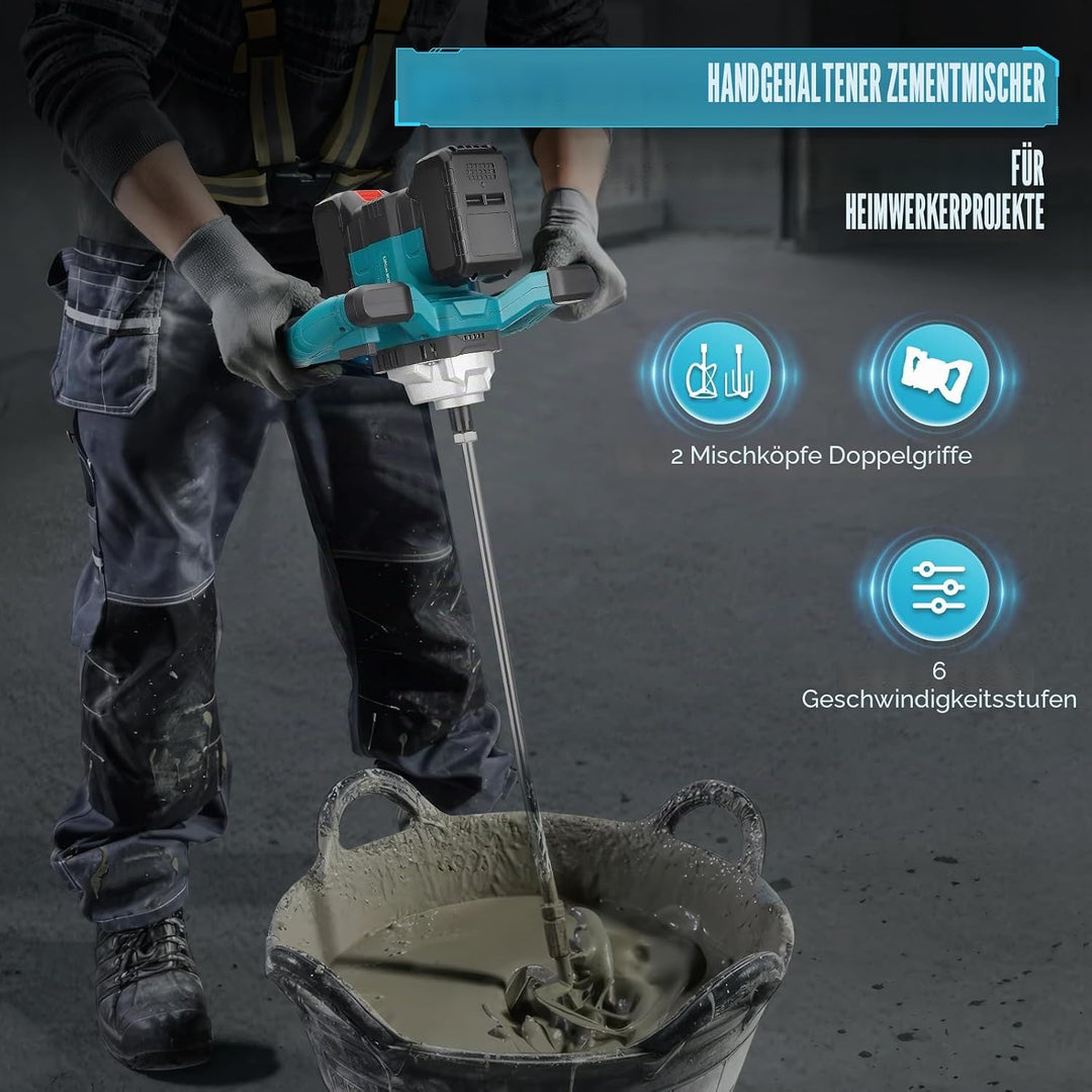 Mörtelrührer Elektrisch, 3100W kompatibel mit 18-21V Batterie （ohne Batterie）Zementmischer mit 6 Ges
