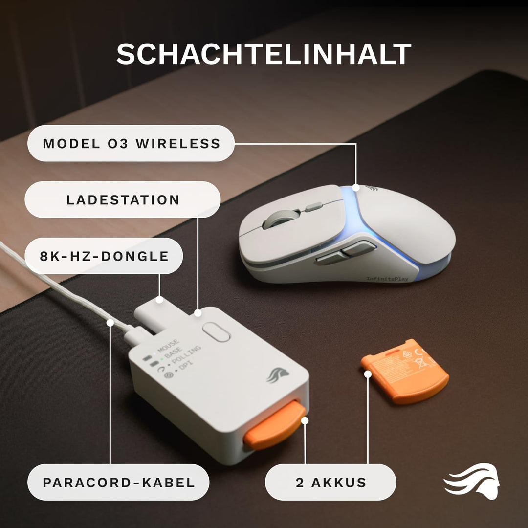 GLORIOUS Gaming Model O3 Wireless – gamingmus – Utbytbart InfinitePlay-batterisystem, 8 000-pollning