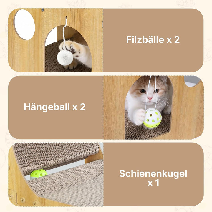 Kratzbrett Katzen, 65cm Doppelschicht L förmige Kratzpappe für Katzen mit 5 Ballspielzeuge, Multifun