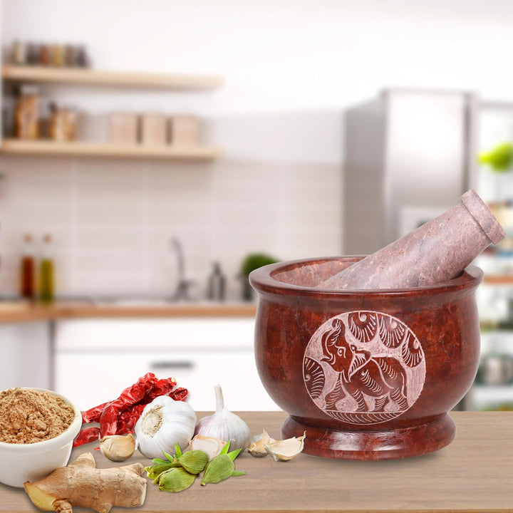 Mörser und Stössel, hergestellt aus hochbelastbarem, poliertem Hartstein, Natursteinmahlwerk für Gew