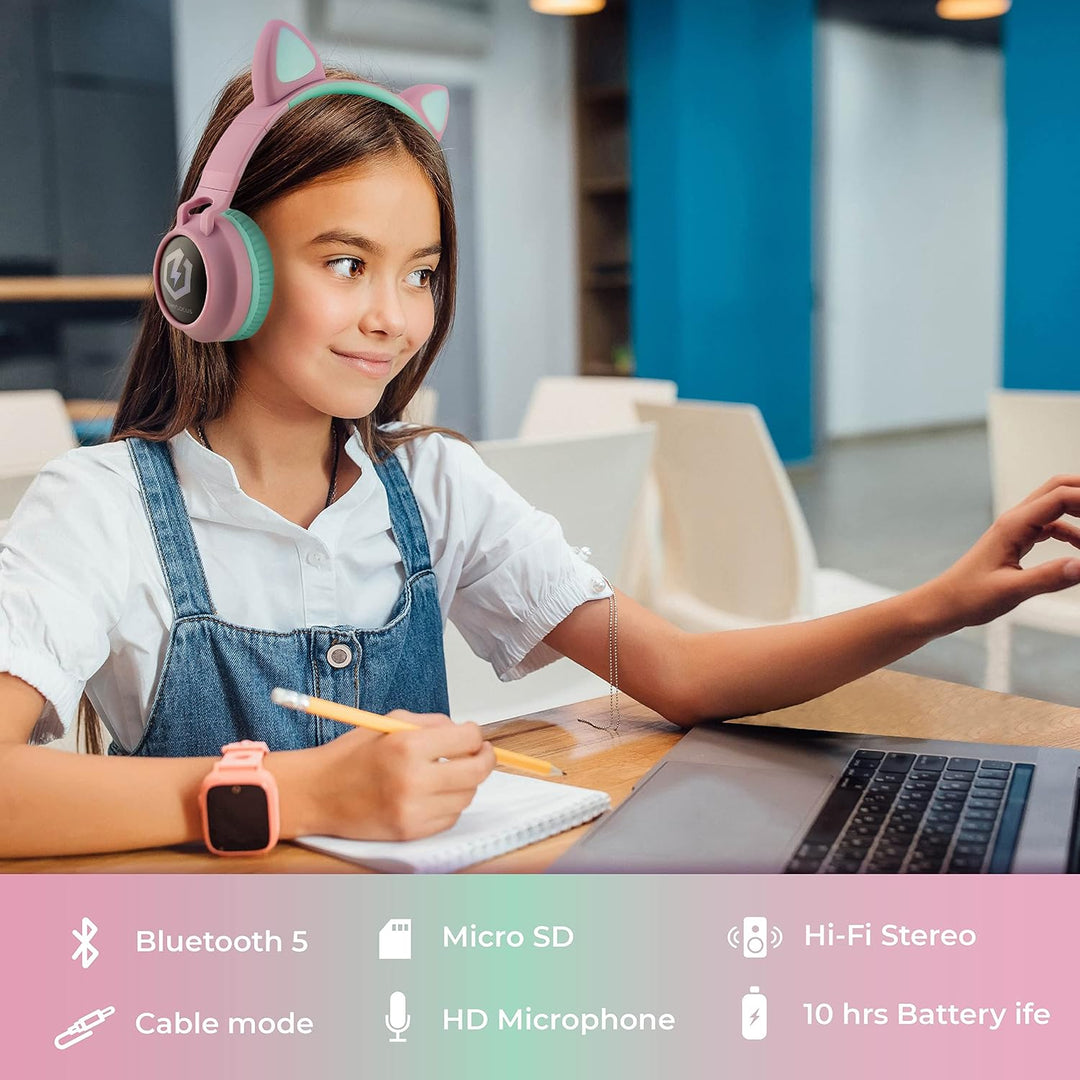 PowerLocus Bluetooth Kopfhörer Kinder, LED Katzenohren, 85dB Sichere Lautstärke, Bluetooth 5.3, Micr