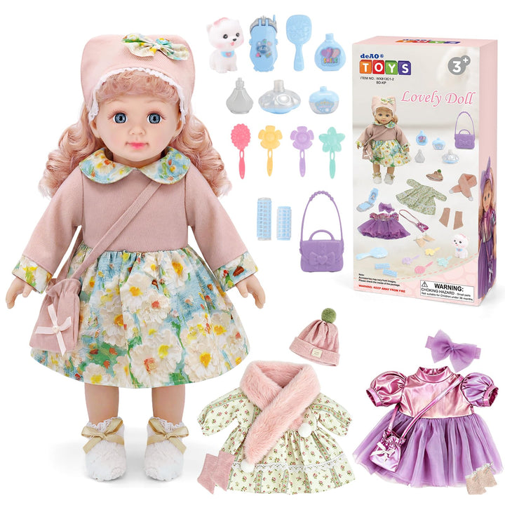 deAO 36CM Babypuppe Spielset mit 3 Puppenkleidung Tasche &amp; Haarzubehör