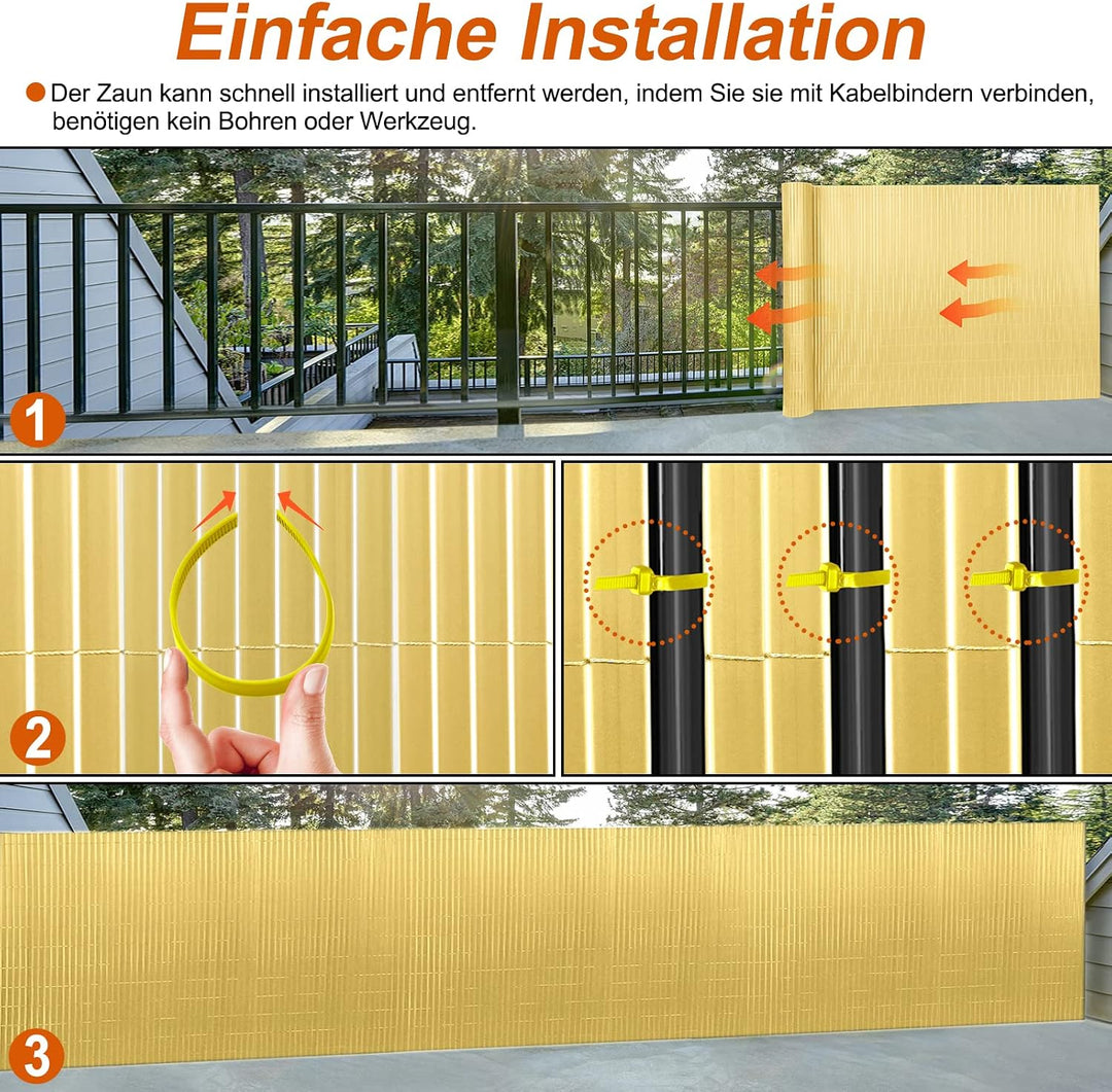 PVC Sichtschutzmatte Sichtschutzzaun 200x1000CM, Bambus, Outdoor Sichtschutz mit verstärkten Lamelle