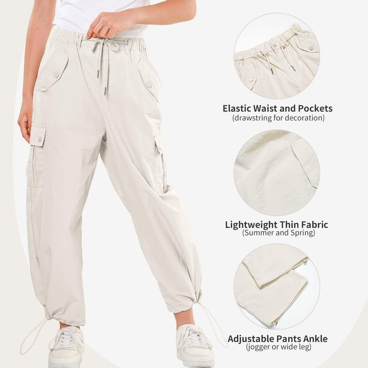 Rolanko Baggy Cargo Fallschirmhose für Mädchen, Y2K Vintage Jogger mit Verstellbarer Elastischer Tai