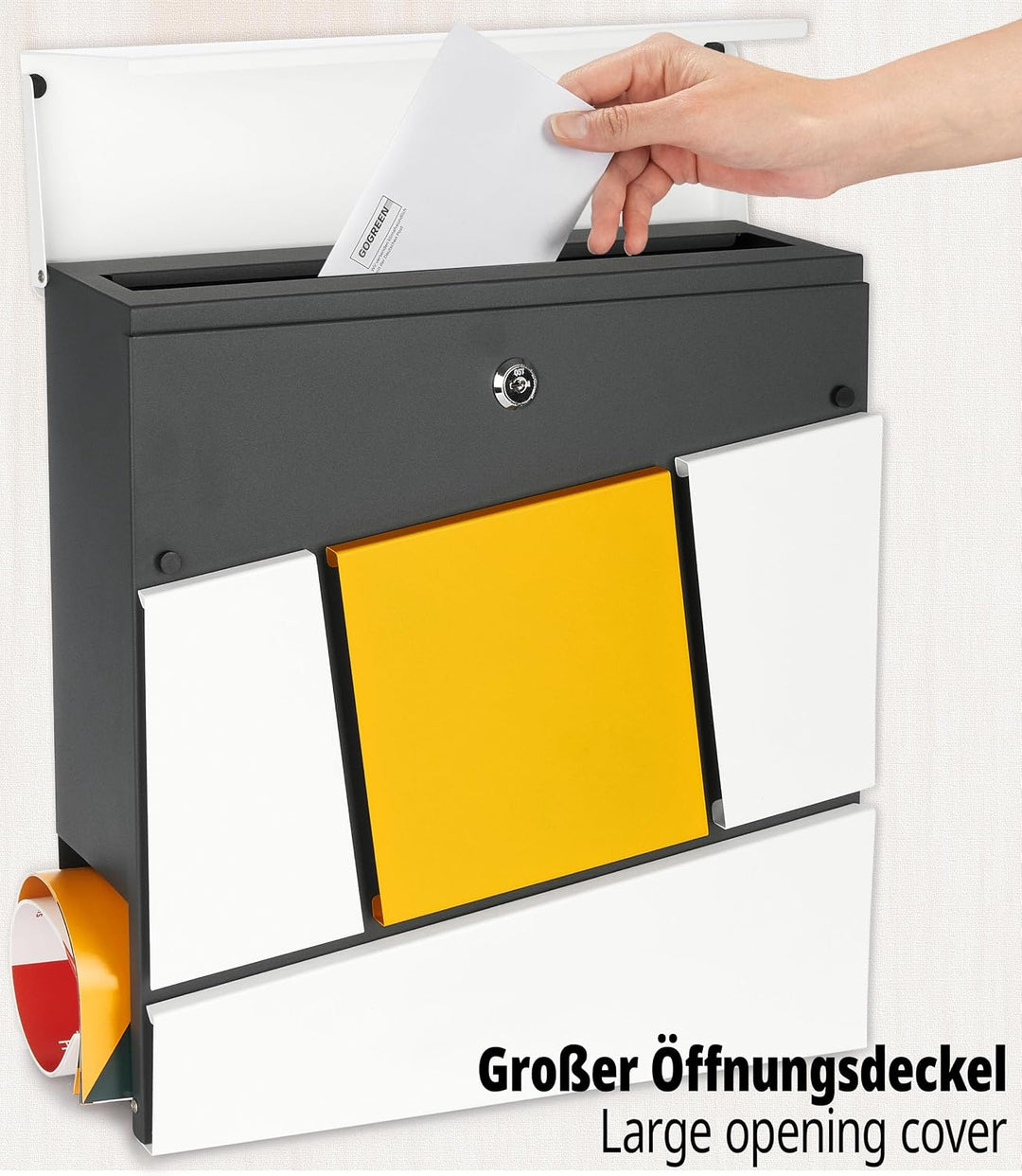BRUBAKER Briefkasten mit Zeitungsfach Yellow Square - Moderner Postkasten mit Zeitungsrolle - Grosse