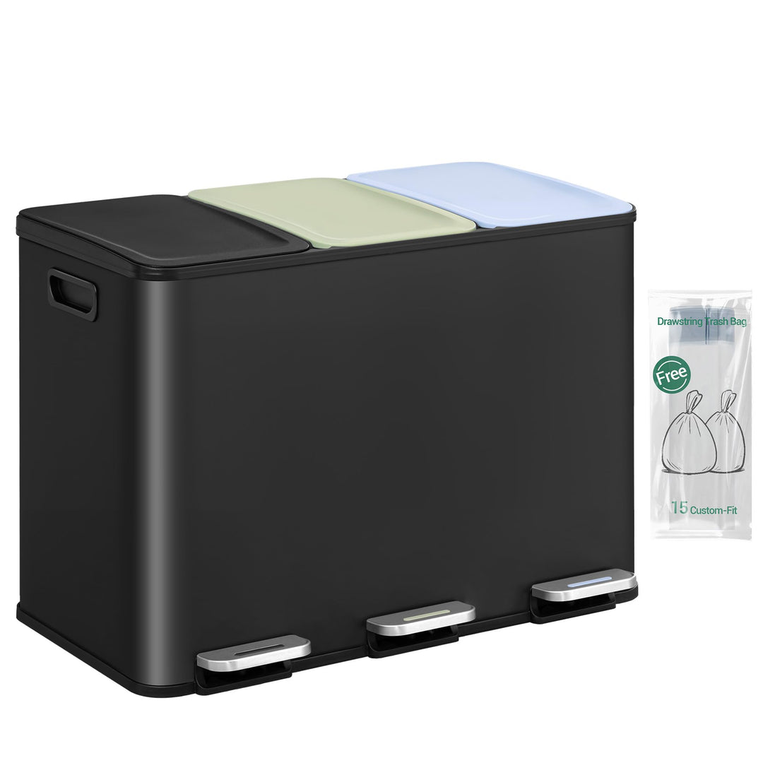 Hzuaneri Mülleimer Küche, 3 x 15 L, Mülltrennsystem 3 Fächer, Mülleimer mit Farbigem Soft-Close-Deck