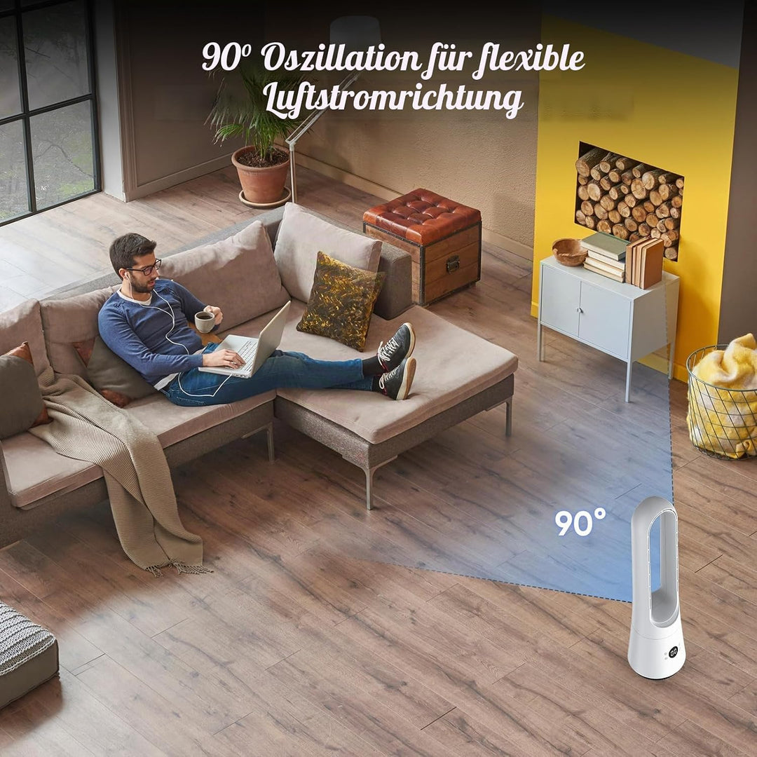 Leiser Turmventilator, Lüfter ohne Rotorblätter – 8 Stufen + Boost-Modus, 90° Oszillation, 5 m Fernb