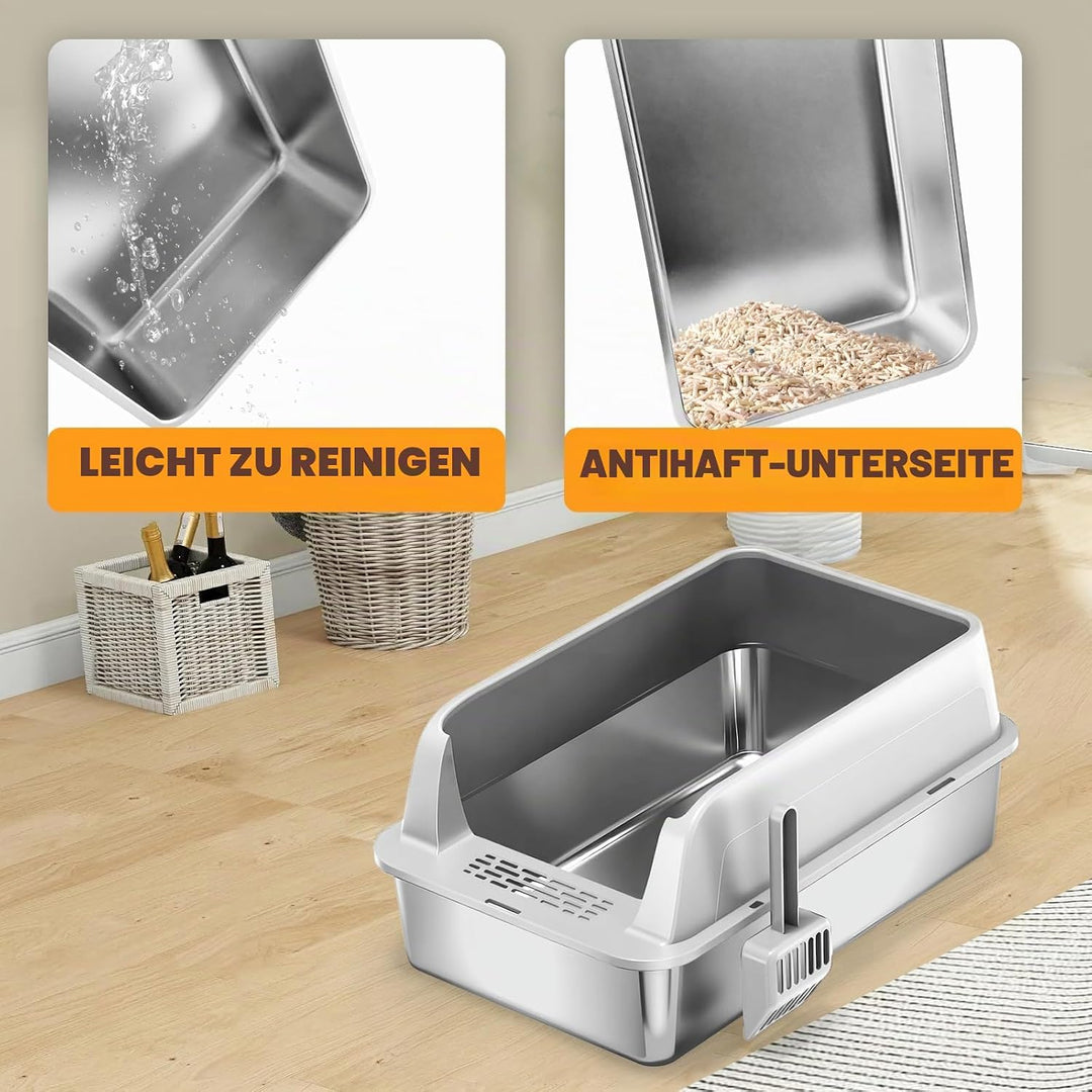 Homegroove 2er Set Edelstahl Katzenklo, 58 x 38 x 28 cm XL Metall Toilette für grosse Katzen mit Dec