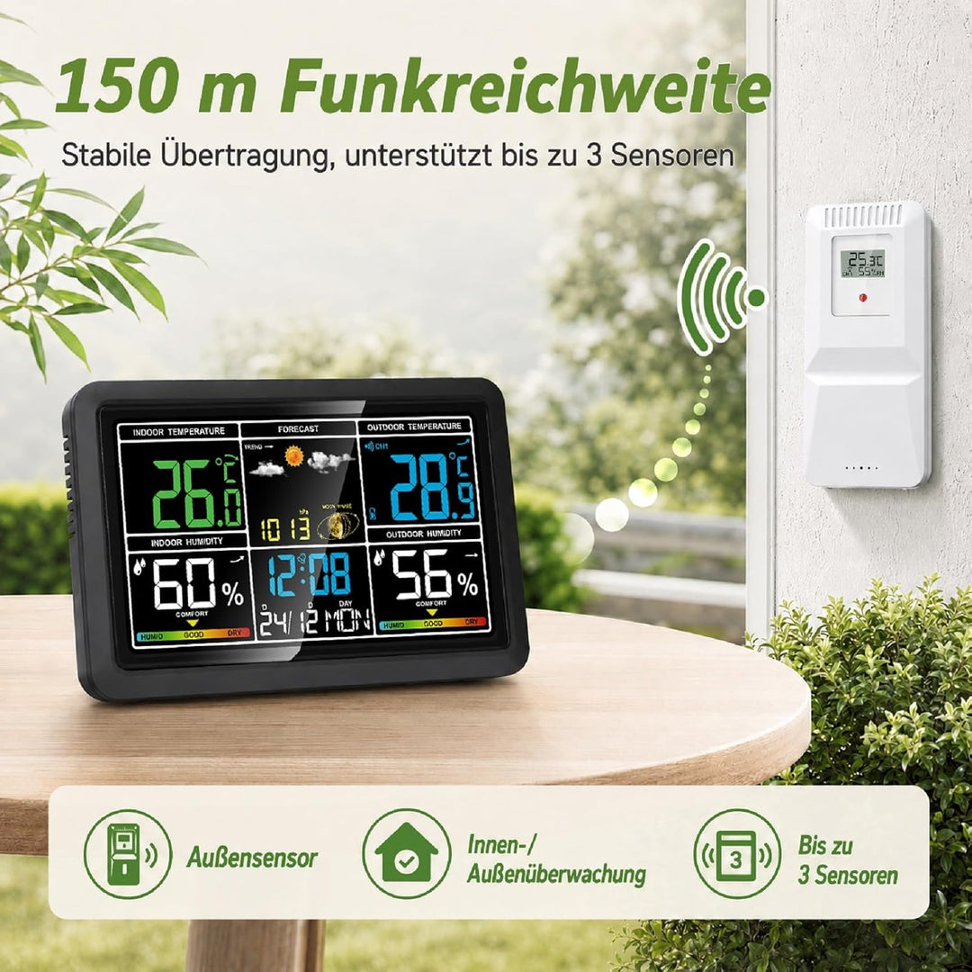 Wetterstation Funk mit Aussensensor, Innen- und Aussentemperatur, Luftfeuchtigkeit, Wettervorhersage