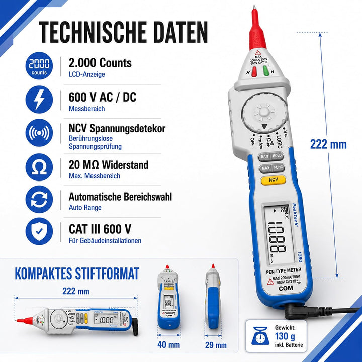 Digitales Stift-Multimeter, NCV Digitaler Spannungsprüfer mit LED-Anzeige, Voltmeter, elektronisches
