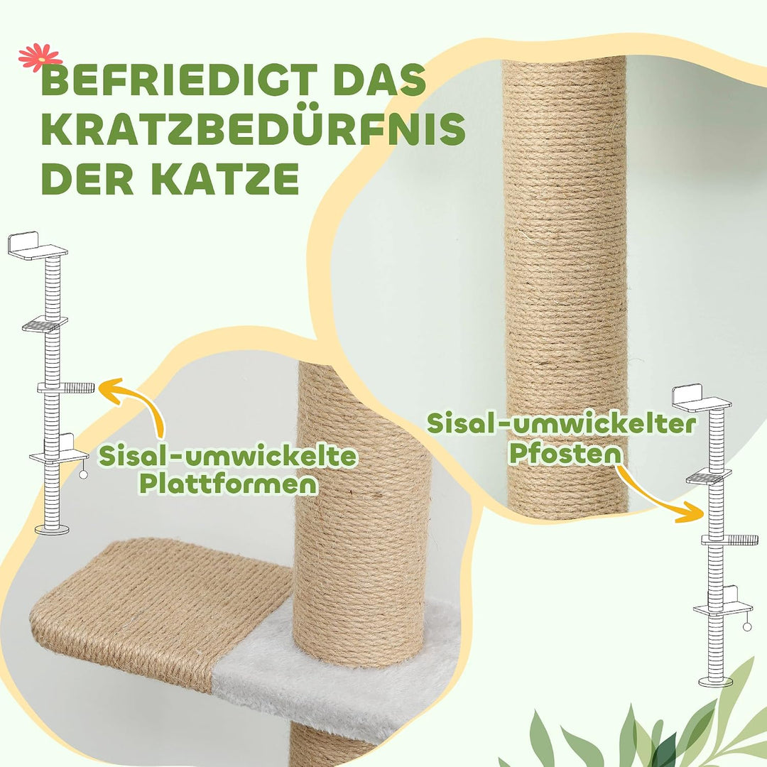 PawHut Kratzbaum Wandmontierter Katzenbaum Kratzsäulen 180 cm Hellgrau