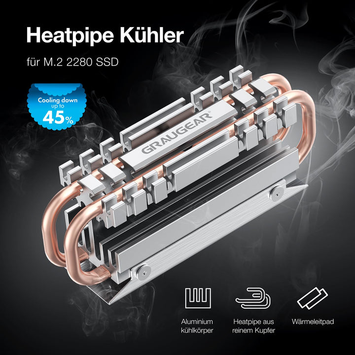 GRAUGEAR| M.2 NVMe SSD (2280) Heatpipe-Kühlkörper | lautloser Kühler | reduziert die Temperatur um b