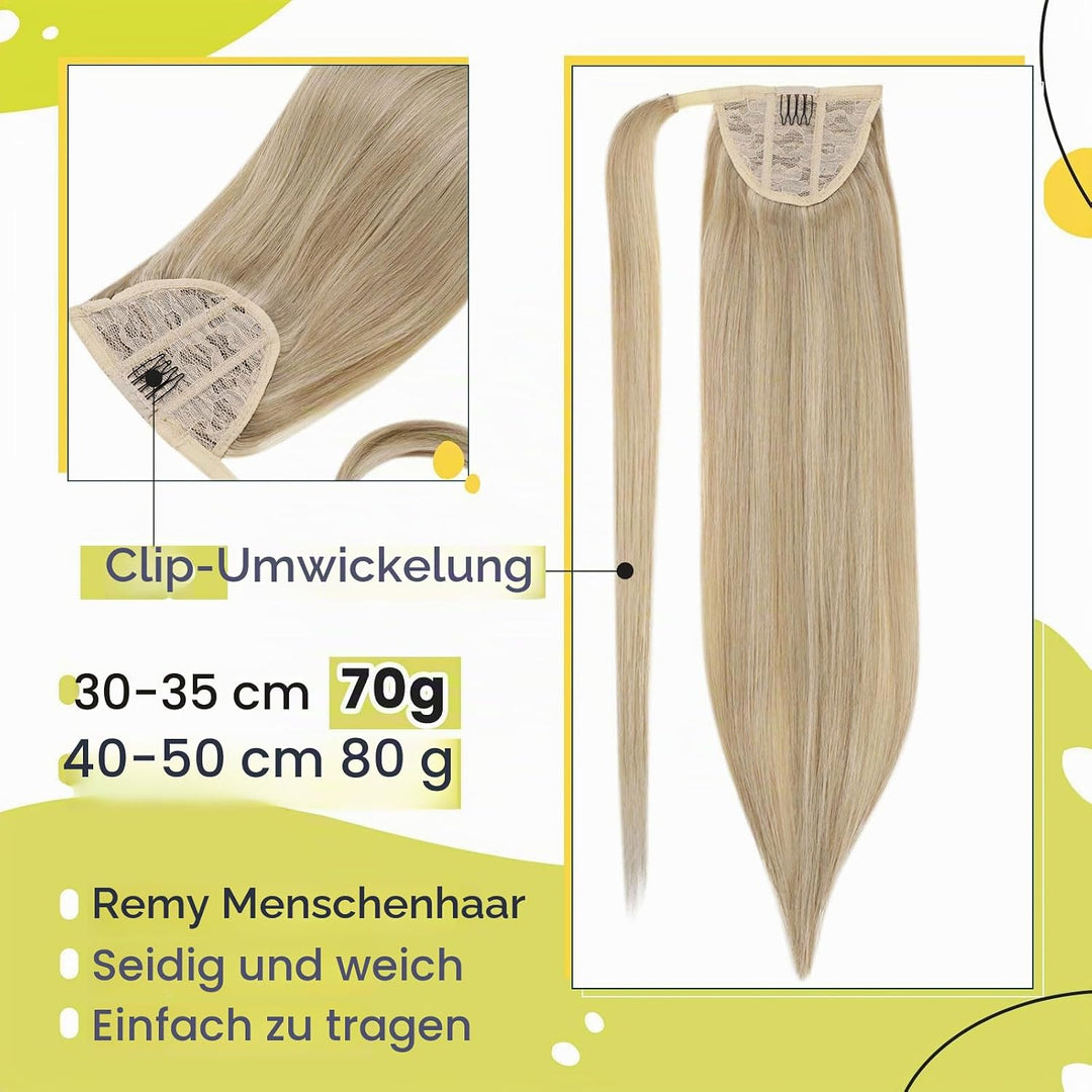 RUNATURE Ponytail Extension Echthaar Blond Highlight 30cm Kurz Echthaar Zopf Aschblond Mit Blond Men