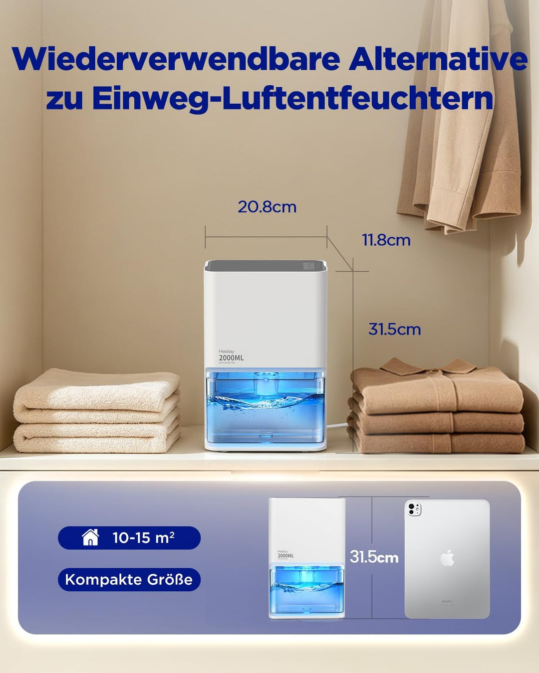 Luftentfeuchter 2000ml, 25dB Leiser Ersetzen Luftentfeuchter Granulat Elektrisch Energiesparender Ra