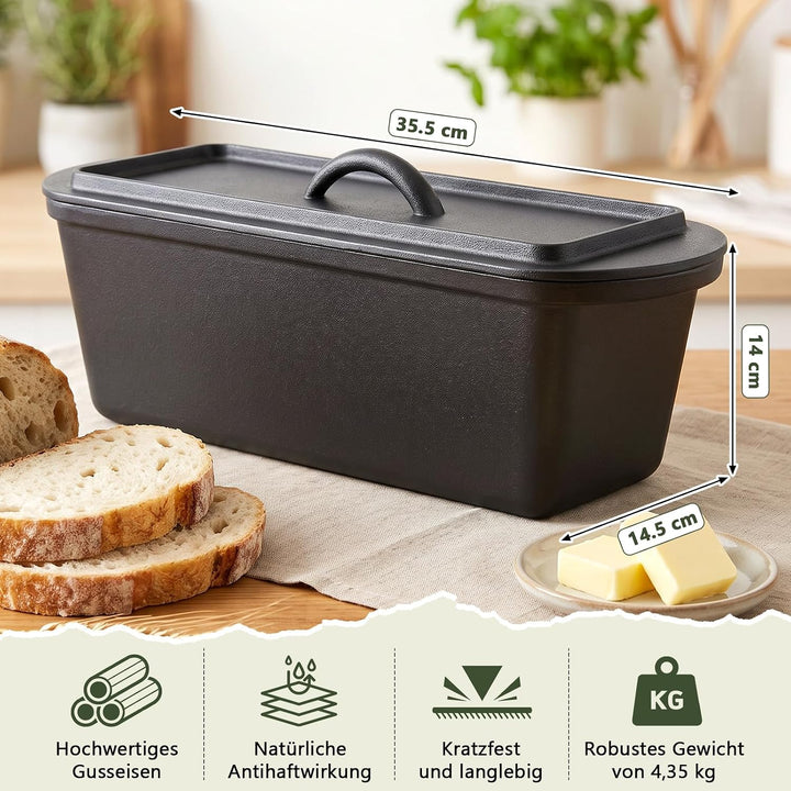 Gusseisen Topf Brot Backen 36cm, Robuste Brotbackform mit Deckel, Gusseisentopf Brotform, Idealer Br