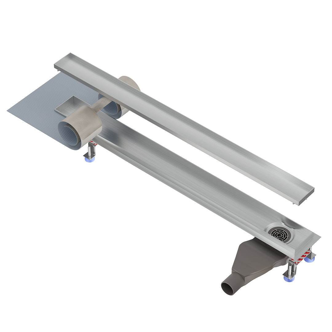 extraflache Edelstahl Duschrinne Complete Basic Abgang seitlich Länge: 90 cm Inkl. befliesbare Mulde