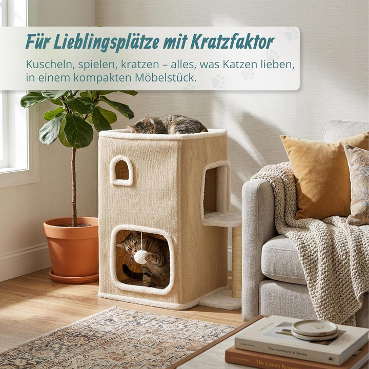 Relaxdays Katzenhaus 2-stöckig, Katzenhöhle mit Ball &amp; Kratzbaum, beige, Beige
