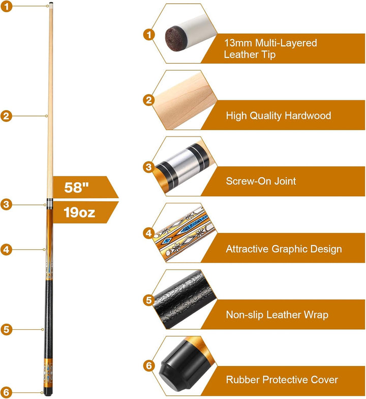 Pool Queue, 58 Zoll Billard Queue Hardwood Pool Cue 13mm Spitzen für Professionelle Billardspieler,