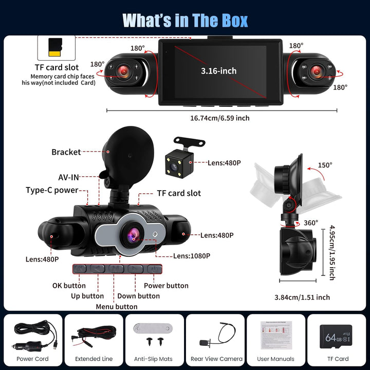 4 Kanal Dashcam Auto, 360 Grad Dash Cam FHD 1080P Vorne Hinten Innen Links und Rechts, Autocamera mi