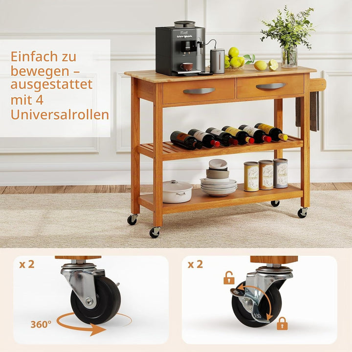 FANTASK Servierwagen mit 2 Ablagen, Rollwagen Holz mit Arbeitsplatte, Küchenwagen mit 2 offenen Rega