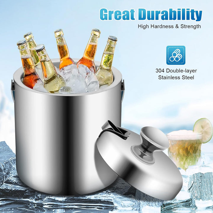 Edelstahl Eiswürfelbehälter 13.L Eiskübel mit Luftdichtem Deckel Sieb und Eiszange Doppelwandig Isol