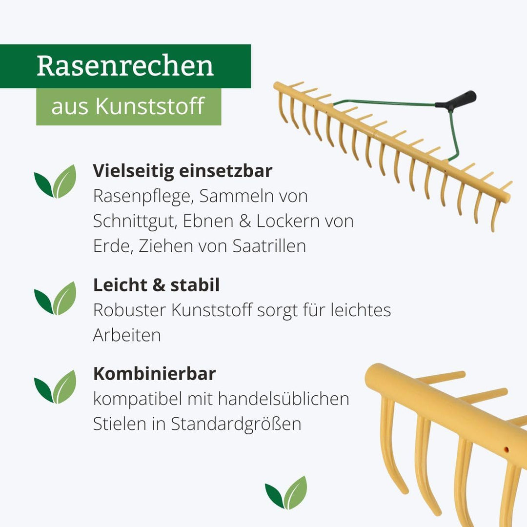 Rekord Rasenrechen 64 cm, Stabiler Kunststoff-Rechen mit 16 und 12 Zinken, ohne Stiel - Gartenrechen