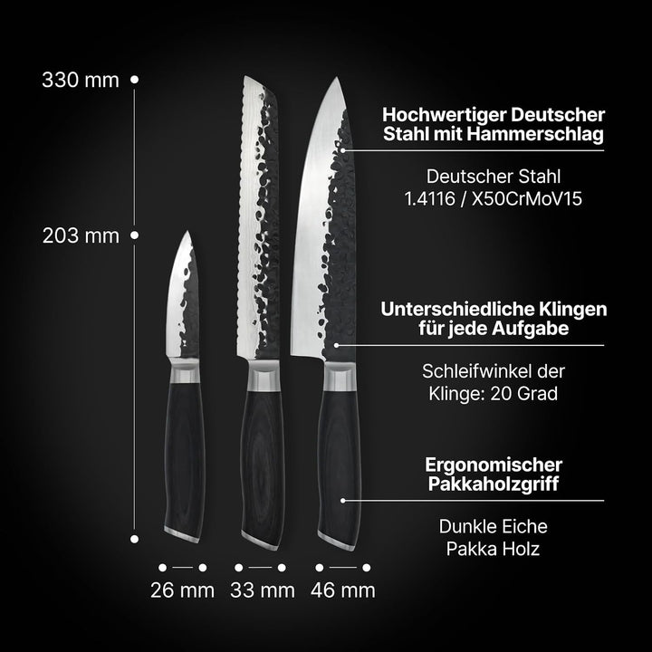 FIVI Messer Set 3-teilig ROLF, BERND, LUCA | Scharfes Küchenmesser Set aus deutschem Edelstahl mit H