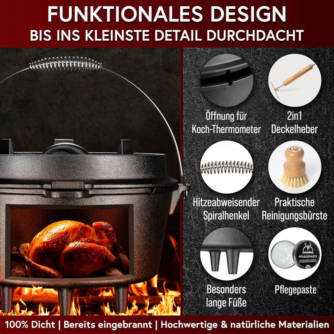 GUSSKÖNIG Dutch Oven Set - Eingebrannter Dutch Oven 4,5 Liter - Feuertopf Gusseisen mit Füssen - Sch