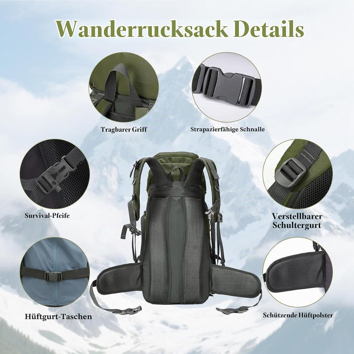 Wanderrucksack Wasserdicht 60L, Leichter Campingrucksack Sportlicher Reiserucksack Trekkingrucksack