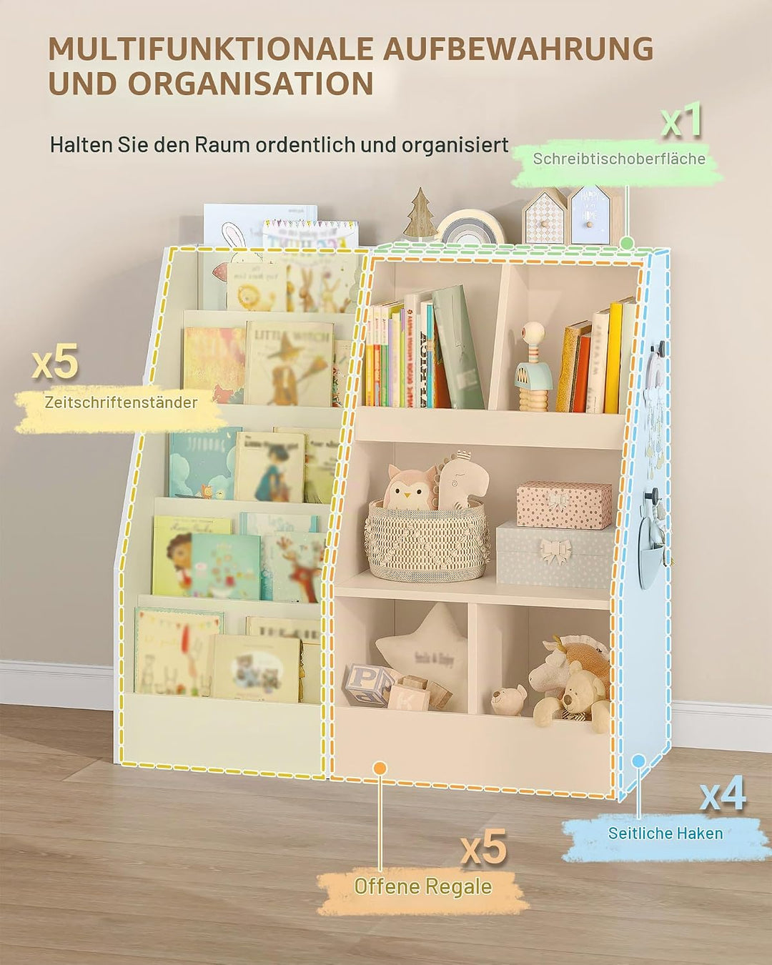 Hzuaneri Kinderregal, Spielzeugregal mit 5-Regalebenen und 5 offene Fächer, Kinderbücherregal, Kinde