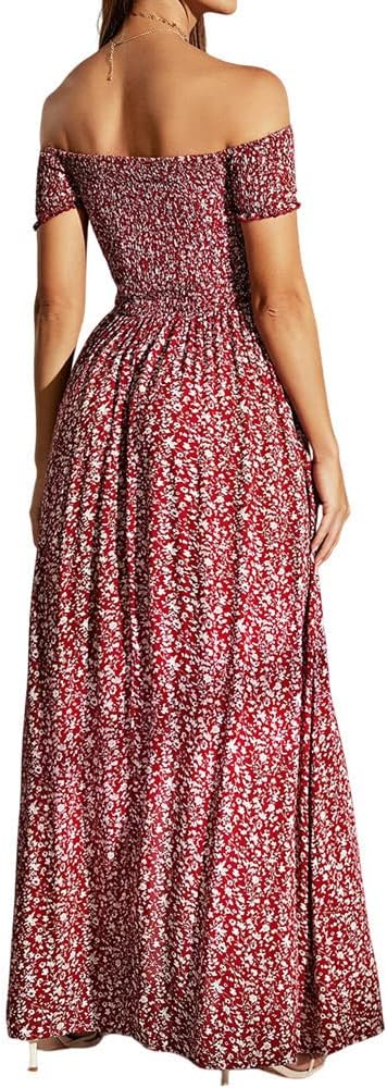 Sommerkleid Damen Lang Off Shoulder Maxikleider für Damen Blumenrock Schlitz Kleider Strandmode L Ro