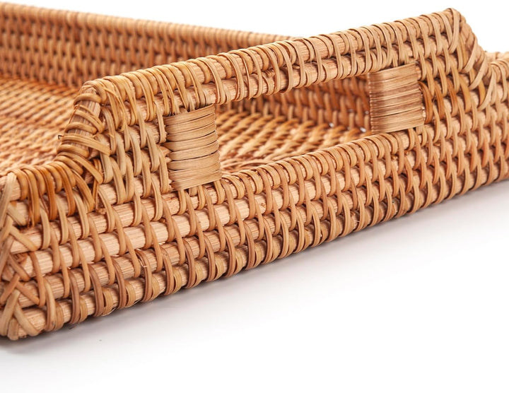 XIMISISE Rechteckige Rattan Serviertablett, Handgewebtes Serviertablett mit Griffen, Wicker Servierk