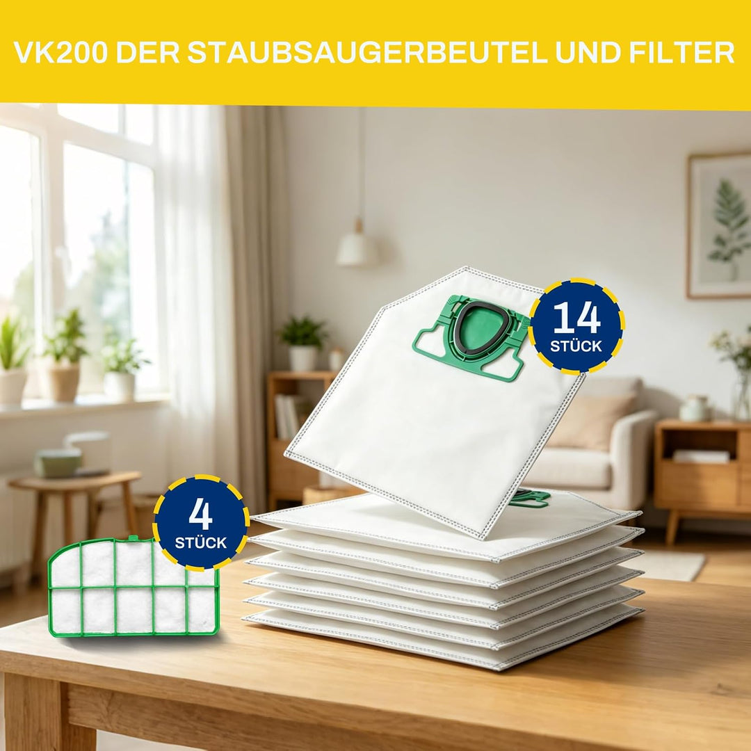 12 Stück VK200 Staubsaugerbeutel und 4 VK200 Fliter für Vorwerk VK200 FP200, aus Vliesstoff vk200 ba