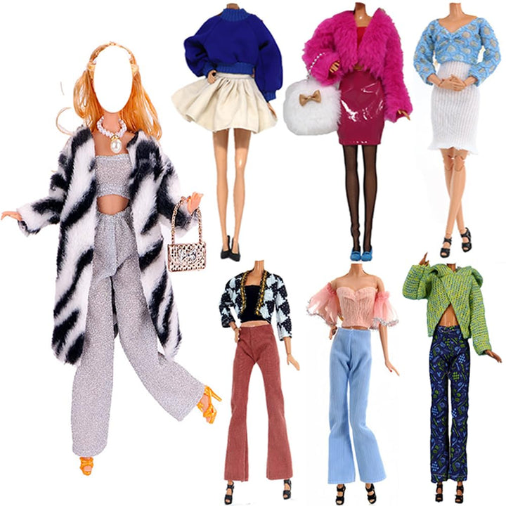 5 Sätze Puppenkleidung, Herbstkleider, Frühlingskleider, Pullover, Hose, Schuhe, Socken, Tasche für