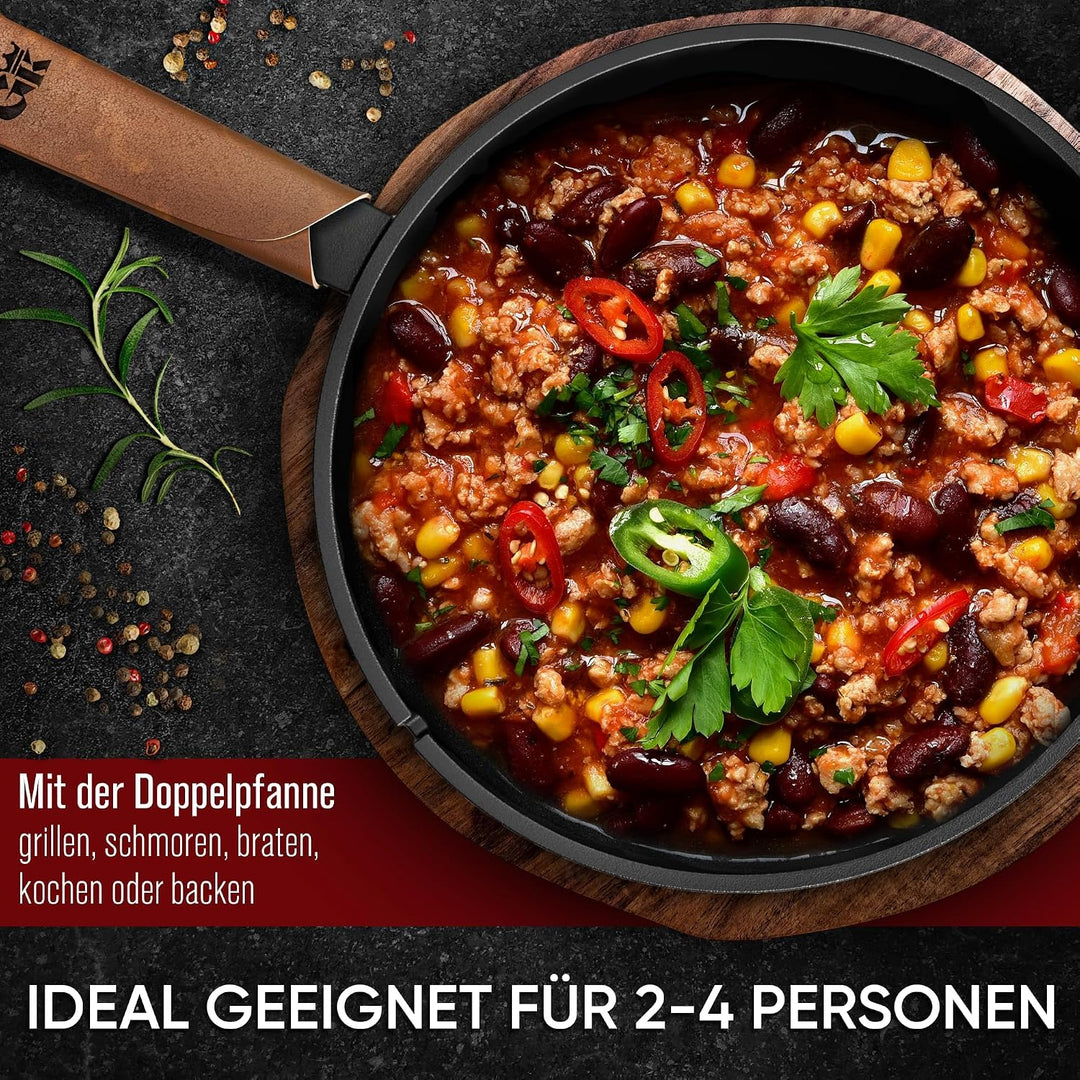 Dutch Oven - 2in1 Eingebrannter Gusseisen Topf 3L &amp; Gusspfanne 1,5L-Cast Iron Pot mit Schmortopf Dop